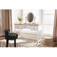 Baxton Studio SR1703010-White/Natural Sylvie Classic and Traditional White 3-Drawer Wood Vanity Table with Mirror